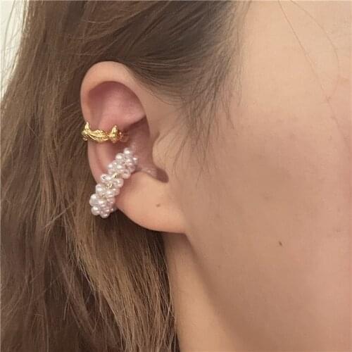 Origin Summer French Hiphop Crown Simulation Pearl Beaded Clip Earring for Women Girls Gold Color Metal C Shape Earring Jewelry