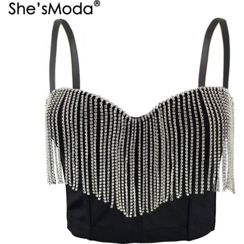 ShesModa Metal Chain Tassel Womens Button Diamonds Push Up Bustier Bra Night Club Party Cropped Top Vest Plus Size