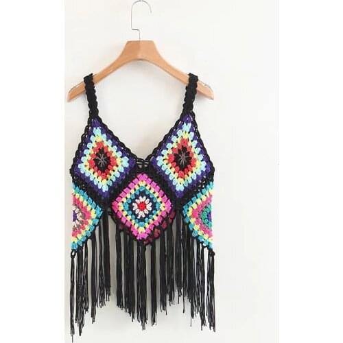 Retro hollow tassel vest spring/summer 2021 new fashion womens crochet short sling sweater