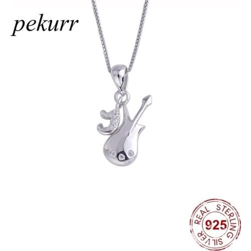 Pekurr 925 Sterling Silver Zircon Guitar Musical Note Necklaces For Women Musical Instrument Pendants Party Fashion Jewelry