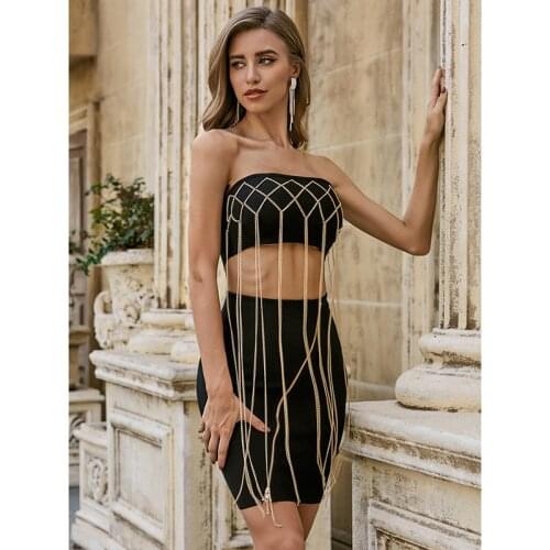 Women Fashion Sexy Strapless Sleeveless Metal Chain Black Bodycon Bandage Dress Vestidos 2020 Elegant Female Party Summer Dress