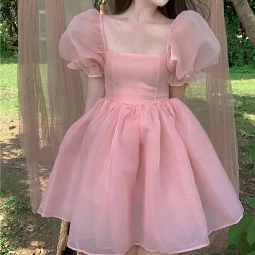 Organza Sweet Puff Sleeve Dress Women Vintage Palace Square Collar Thin Ball Gown Mini Dresses 2021 Summer Fashion