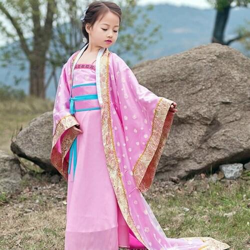 Children Trailing Traditional Princess Dress Chinese Ancient Dance Costume Girl Hanfu Folk Dance Clothing Kids Tang Outfit 90