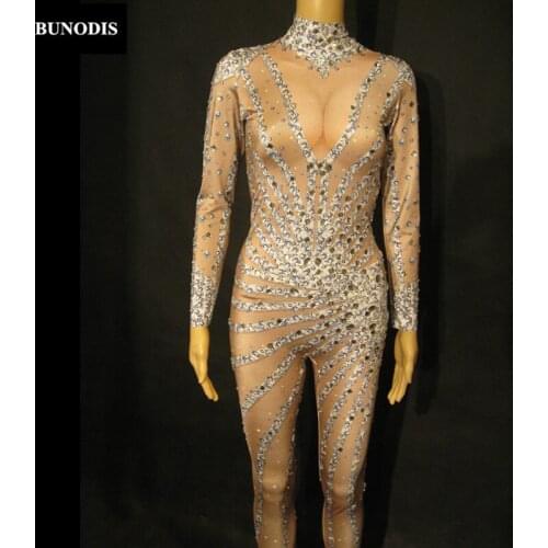 ZD206 Glass Diamond Simple Type Sliver Glisten Rhinestones Jumpsuit Long Sleeves Bodysuit Performance Party Dancer Costume