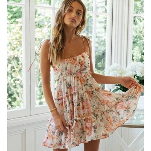 Summer Floral Dress Women Casual Spaghetti Strap Sexy Short Dresses Backless Ruffles Boho Sundress Mini Dress For Women 2021