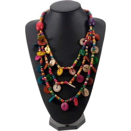 New Bohemian Pendant Necklace Vintage Round Beads Pendant Bohemia Style Multilayer Wood Beads Chain Handmade Retro Necklace