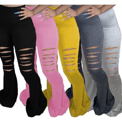New Women Casual Elastic Wide Leg Holes Flare Pants Solid High Waist Trousers Elastic Bodycon Skinny Sexy Slim Pants Sweatpants