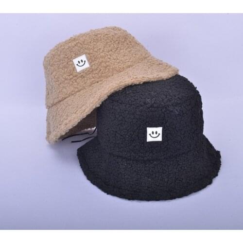 Unisex Winter Bucket Hat Teddy Plush Smiley Face Print Bucket Hats Warm Casual Caps Panama Outdoor Fisherman Cap for Women Men