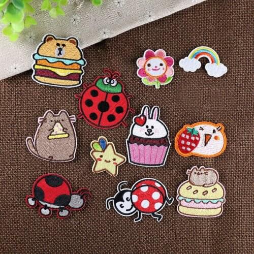 PGY Cartoon food Hamburger Rabbit cake Iron On Embroidered Clothes Patches For Clothing Wholesale Rainbow beetle Stars Badges