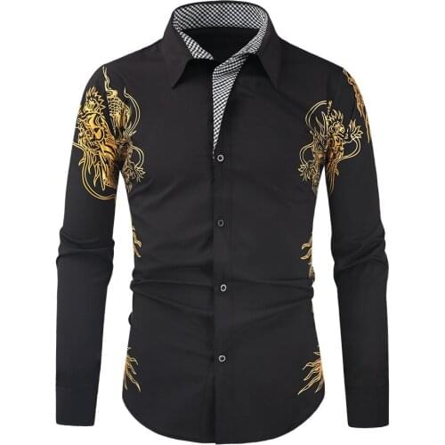 Luxury Bronzing Floral Print Shirt Men 2021 Brand Black Long Sleeeve Button Up Shirt Men Party Wedding Prom Tuxedo Dress Shirts