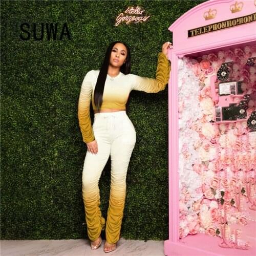 Spring Autumn Women Clothing Matching Sets Long Sleeve Top Sweatshirt + High Waist Stacked Legging Harem Pants Tracksuit 2 Piece