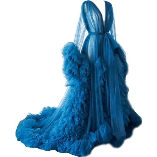 Chic Royal Blue Ruffle Evening Dresses For Mother and Daughter Tiered Pleated Long Dress Women Photo Shoot Tulle Maternity Robes