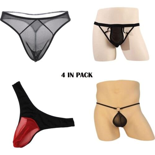 Mens 4 Styles Pack Mesh Thongs Lingerie Breathable Briefs Sexy Underwear See Through Hot Underpants Gift for Boyfriend