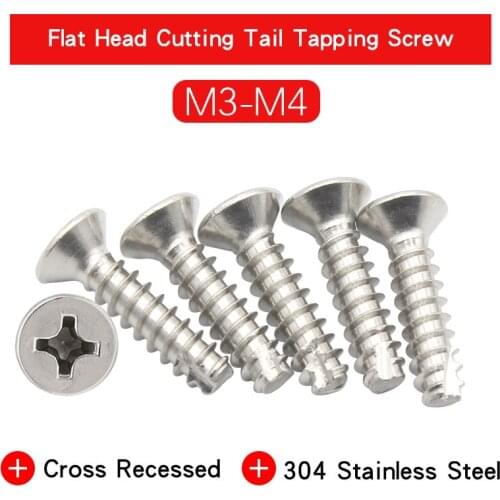 50-100 PCS Cross Recessed Countersunk Head Cutting Tail Self Tapping Screw M3 M4 Stainless Steel Flat Head Phillips Wood Screw