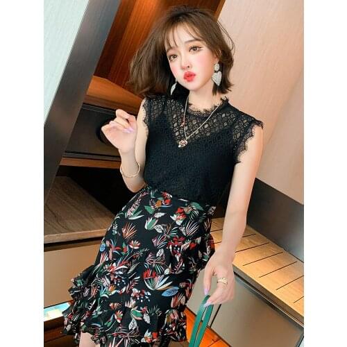 Top Quality Wave lace eyelash tassel hollow out sleeveless lace shirt with sling