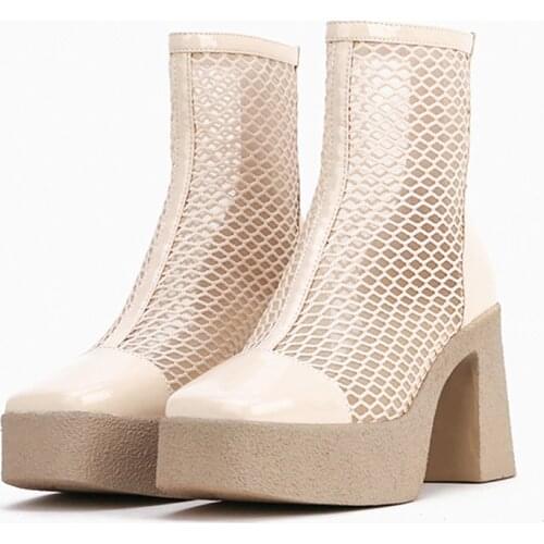 MUMANI Woman‘s 2021 New Roman Sandals Square Heel Patent Leather Mesh Summer Boots ZIP Pumps Platform Super High Lady Footwear