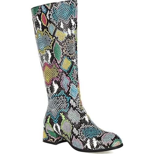 2020 Winter Boots Womens All-Match Shoes Thick Heel Snake Print PU Oversized Knee-Length Boots Warm Knight Boots