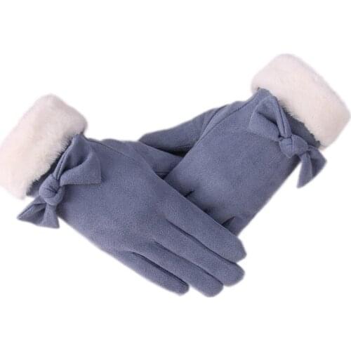 Suede gloves womens autumn and winter new riding arctic fleece touch screen bow gloves fur mouth warm gloves l9