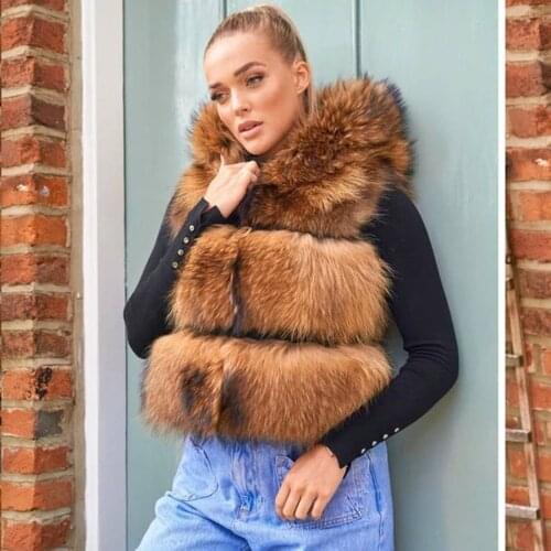 Hooded Raccoon Fur Jacket Winter Fashion Fur Vest Women Gilets 3 Rows Fluffy Waistcoat High Quality