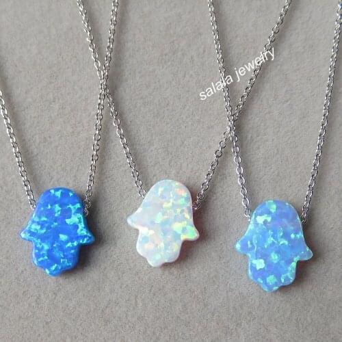 10pcs/lot 11x13mm 925 Sterling Silver Hamsa Opal Necklace Hand of fatima Opal necklace for women