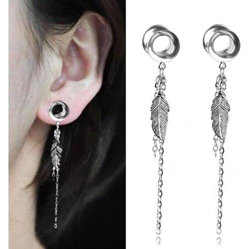 1 Pcs Couple Stainless Steel Gauge Earrings Leaf Tassel Ear Plug Tunnel Fashion Body Piercing Jewelry