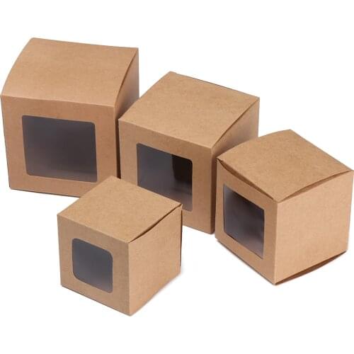 10Pcs Multi size Square kraft Window Box Packing Gift Boxes with pvc window for Candy/Cake/Soap/Cookie/Cupcake Display Box