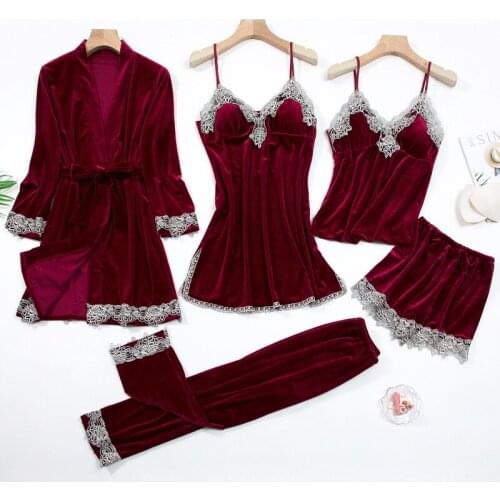 Burgundy 5PCS Robe Gown Set Sexy Lace Flower Trim Velour Sleepwear Lady Kimono Bathrobe Female Lingerie Autumn New Sleep Suit