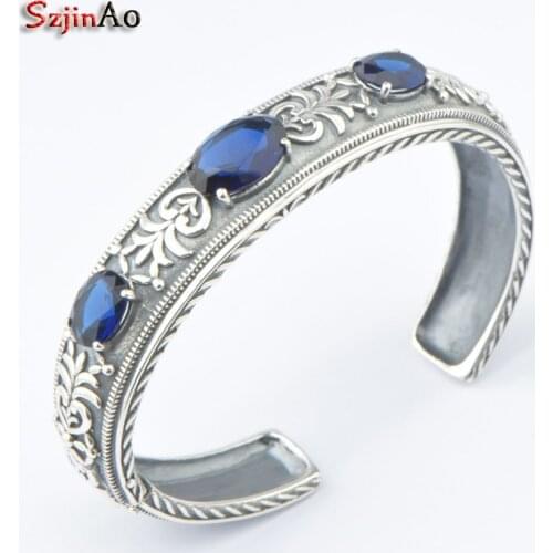Szjinao Vintage Style Romantic Solid Silver 925 Heart Charm Bracelet for Women Dark Blue CZ Fit Original Bracelets DIY Jewelry