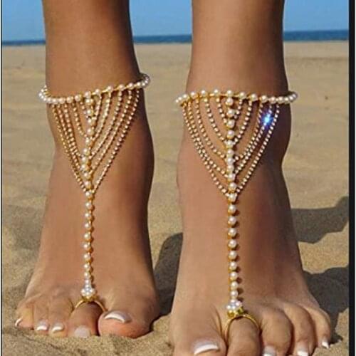 1pcs Summer Beach Boho Ladies Sexy Toe Ring Anklets Fashion Imitation Pearl Multilayer Crystal Chain Foot Jewelry Women Anklets