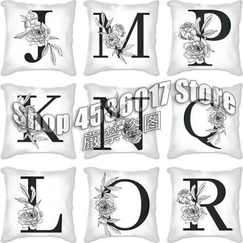 Black And White flowers Decorative Cushions Simple Word Printed Throw Pillows Car Home Decor Cushion print English Alphabet