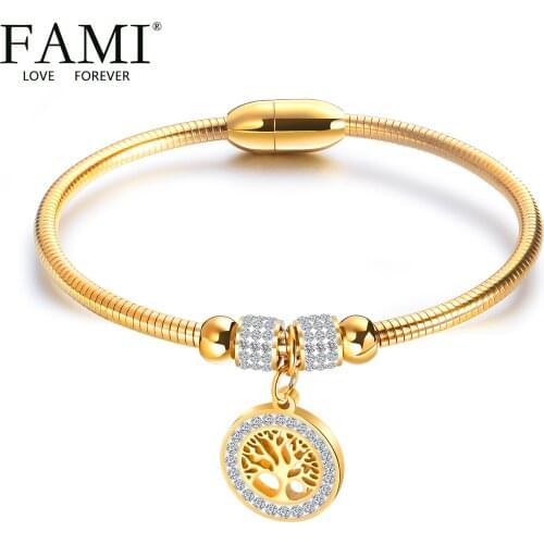 FAMI Diamond Life Tree Titanium Steel Bangles for women rigid indian Stainless Steel luxery cuff Bracelet vintage Bead Magnet