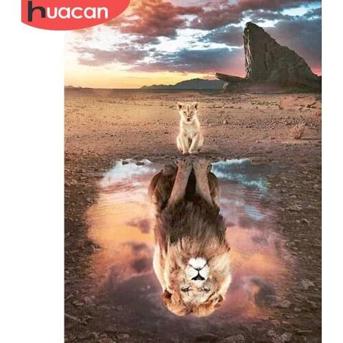 HUACAN 5D DIY Diamond Painting Lion Full Square Mosaic Rhinestone Cross Stitch Reflection Diamond Embroidery Animal Decoration