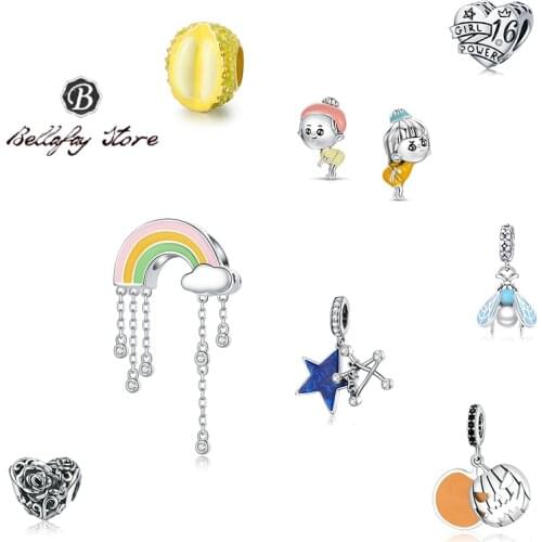Bellafay Customed Real 925 Silver Durian Beads Rainbow Charms Little Girl Fits Original Bracelet Bangles Girls DIY Jewelry Gifts