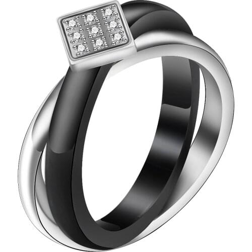Classic Black White Color Double Circle Ring Ceramic Stainless Steel Crystal Rings For Women Lady Fashion Crystal Jewelry Gifts