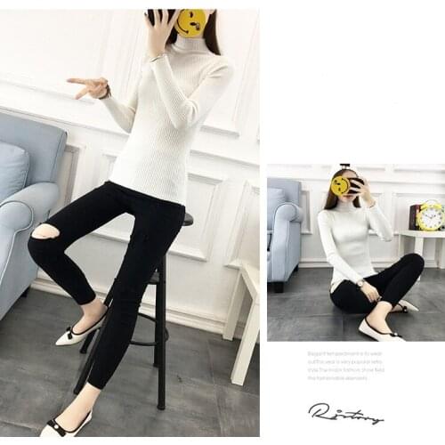 Korean Fashion Women Pullovers Turtleneck Knit Shirt Long Sleeve Stretched Solid Sweater Tops Fall Winter Jumper 3 Size Sweater