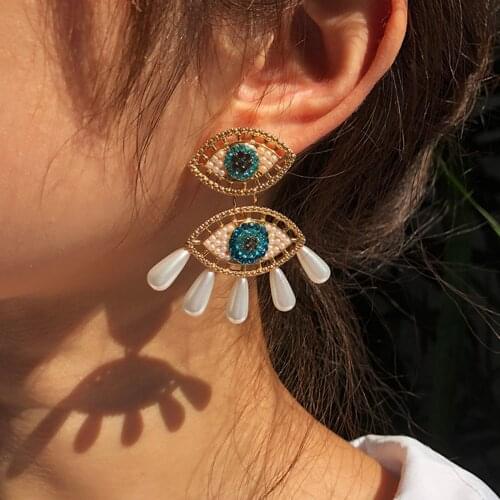 PHYANIC Trendy Imitation Pearl Evil Eyes Shape Drop Earrings For Women Vintage Statement Crystal Dangle Earrings Jewelry