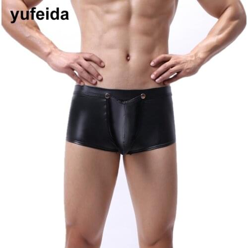 PU Leather Mens Underwear Boxers Trunks Sexy Men Underwear Gay Bulge Pouch Sissy Panties Underpants Dance Clubwear Boxer Shorts