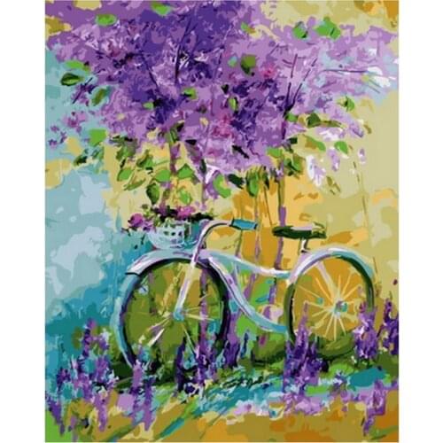 Frameless diy painting by numbers wall decor diy painting on canvas for home decor 4050cm purple tree and bike