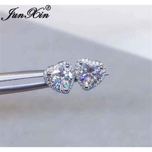 Girls Cute Heart Stud Earrings For Women White Gold Rose Gold Color Brilliant White Blue Zircon Austrian Crystal Wedding Studs