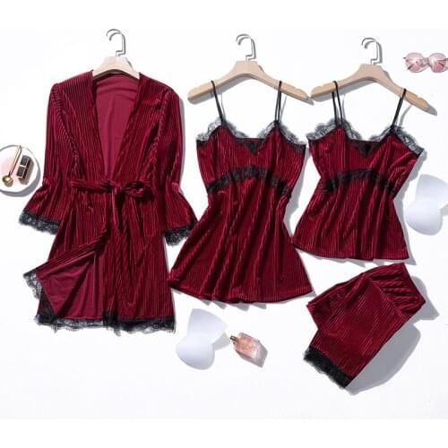 Sexy Lady Four Piece Pajamas Velour Strap Top Pants Sleepwear Sets Woman Home Wear Nightgown Suit Kimono Sleep Robe Bath Gown
