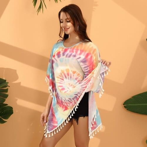 Beach Blouse Tie Dye Knitted Fringe Bikini Blouse Vacation Beach Skirt Womens European And American Vintage Dress Women Casual