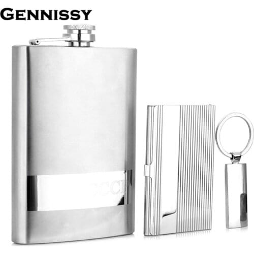 GENNISSY 9oz Portable Stainless Steel Hip Flask Card-case Keychain Set High Quality Whiskey Flask Gift For Best Friend