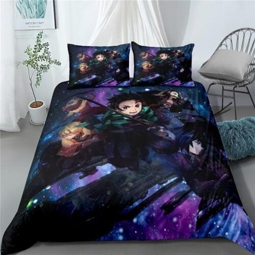 Demon Slayer Kimetsu No Yaiba Sticker Bed Linen Cartoon Anime Duvet Covers Pillowcases Kids Anime Comforter Bedding Sets