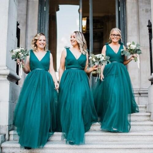 Plus Size Princess Long V Neck Turquoise Tulle Bridal Party Dress Bridesmaid Dresses Gowns