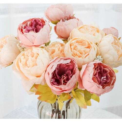 Wedding Silk Rose Peony Flower Floral Artificial Flowers Fake Leaf Wire Core-spun European Style For Home Decorations