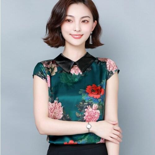 Vintage Women Blouses Satin Print Blouse Shirts Womens Peony Floral Silk Party Blouse Plus Size Clothing Women Tops Blusas Mujer