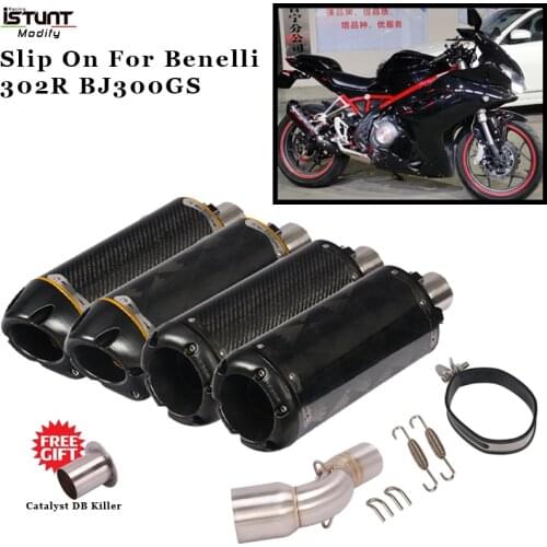 Motorcycle Exhaust Carbon Fiber Muffler Escape Middle Link Pipe With Moveable Catalytic DB Killer For Benelli 302R BJ300GS
