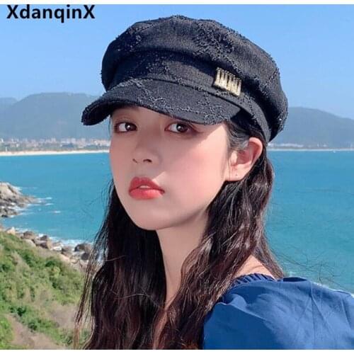 XdanqinX New Spring Summer Womens Retro Denim Navy Military Hats Elegant Ladies Casual Hat Novelty Personality Women Flat Cap
