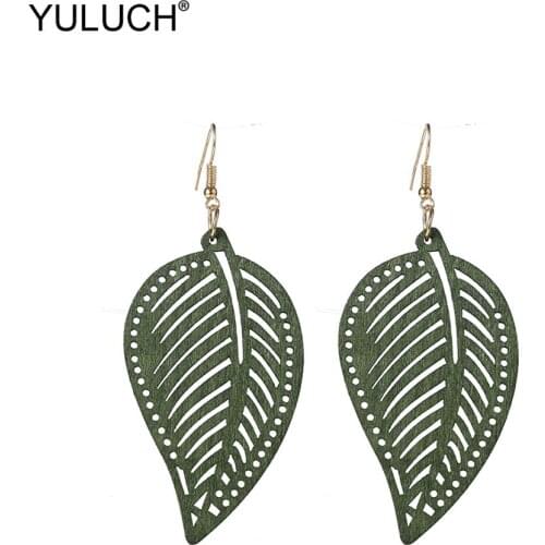 YULUCH 2019 Fashion Drop Earrings For Women Ethnic African Indian Red Black Hollow Wooden Leaf Long Dangle Earrings Boho Jewelry