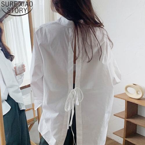 Women Shirts Loose Oversized Shirt 2021 Spring Back Straps Sexy Tops Laides Blouses Cotton Casual Blusas Solid Blouse 12655